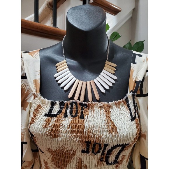 Mina Collection Beige & Brown Square Neck Half Sleeve Knee Length Dress Small - Picture 12 of 13